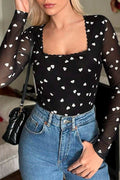 Heart Shape Mesh Square Neck Bodysuit