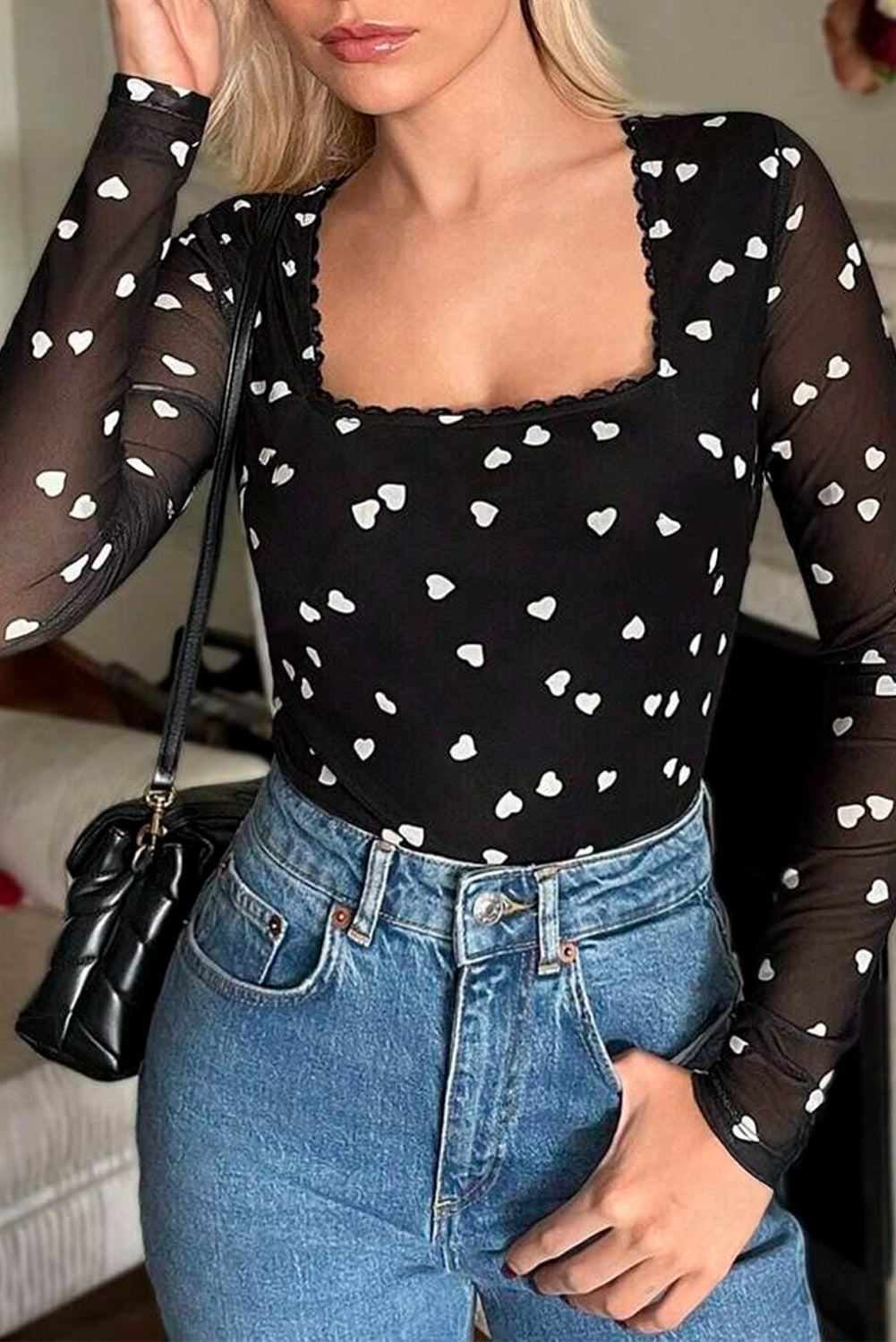 Heart Shape Mesh Square Neck Bodysuit