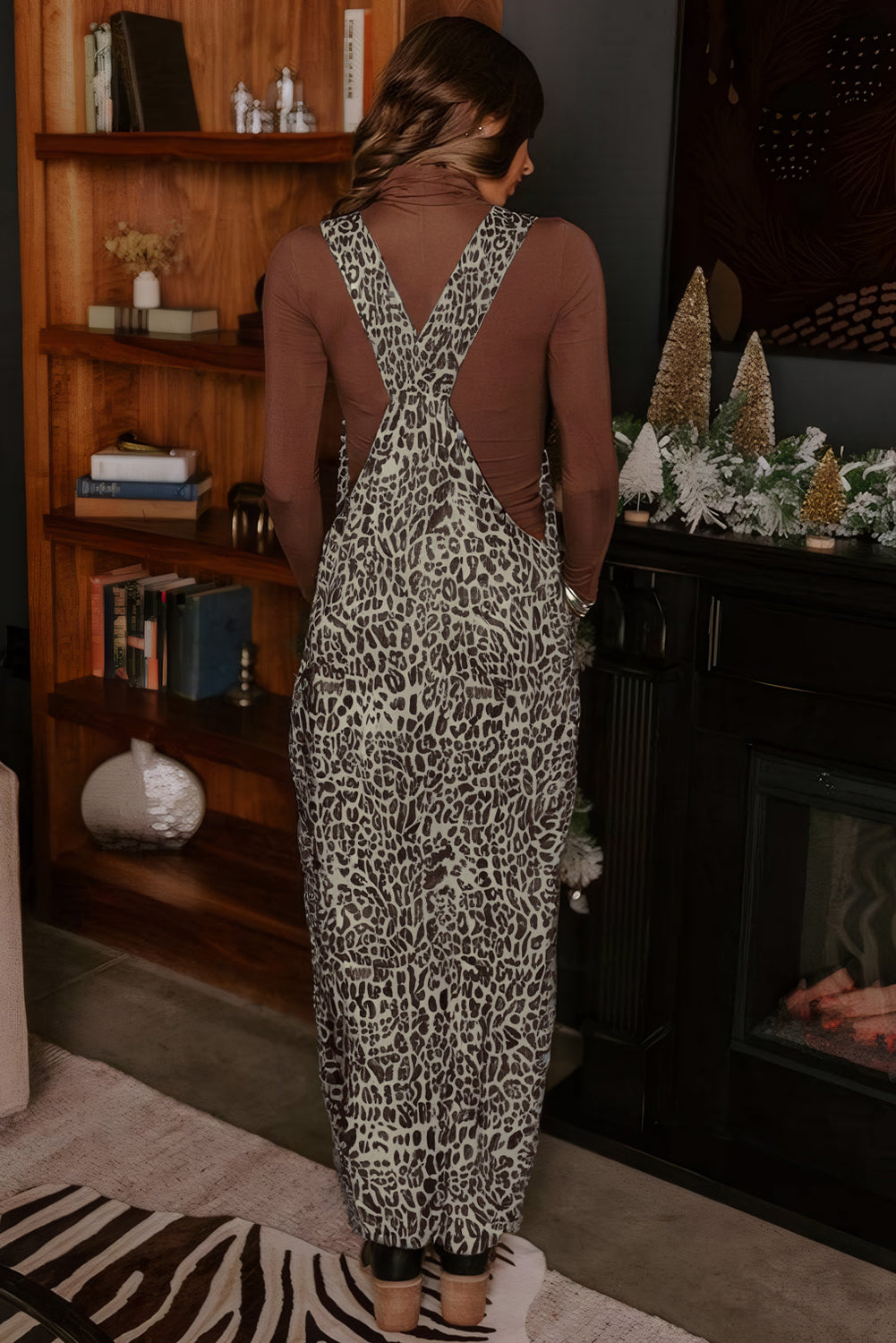 Brown Leopard Print Straight Leg Loose Denim Overall Jumpsuit