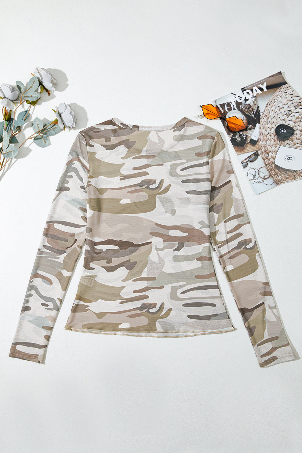 Camouflage Print Mesh Long Sleeve Top