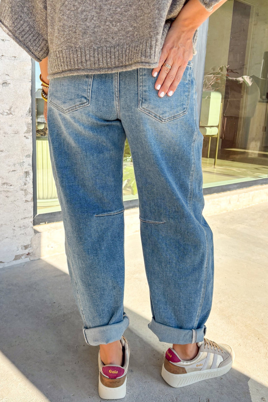 Medium Wash Cuffed Barrel Jeans