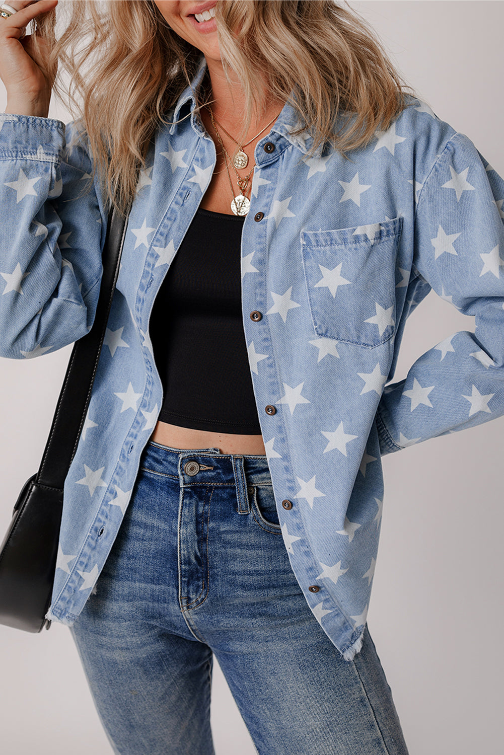 Blue Star Print Light Wash Raw Hem Denim Jacket