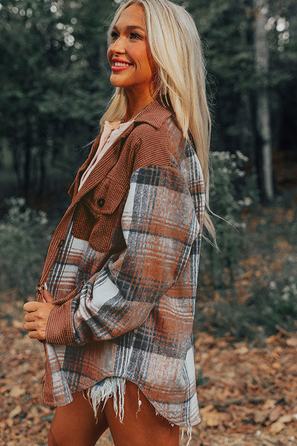 Corduroy Plaid Patchwork Shacket