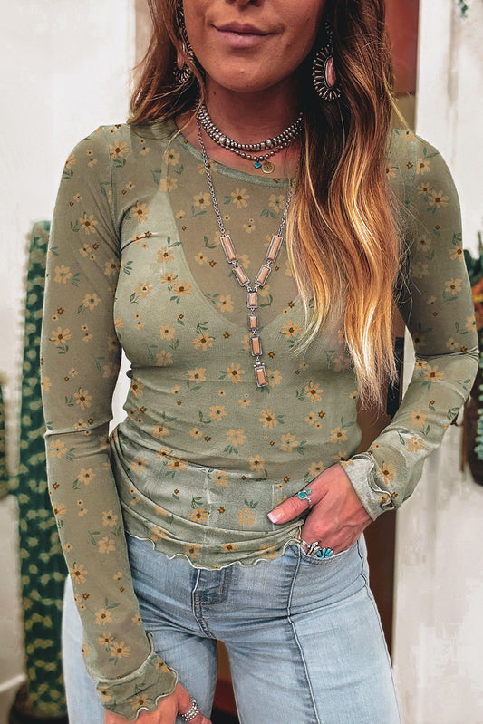 Laurel Green Vintage Floral Print Mesh Long Sleeve Top