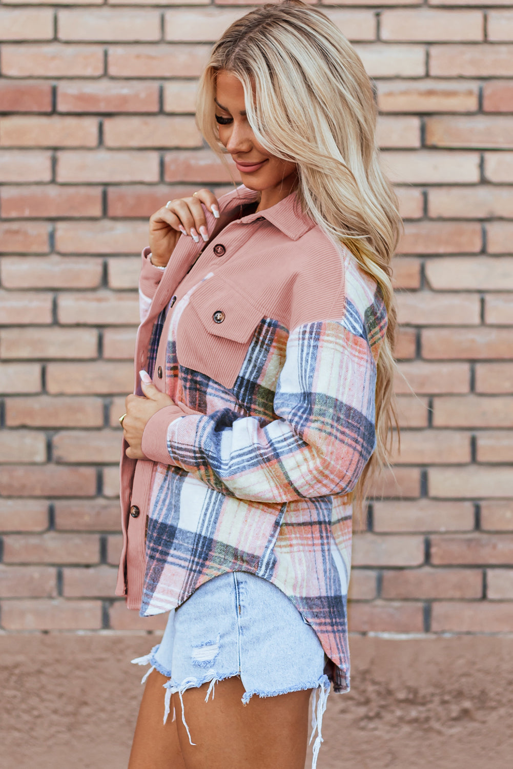 Corduroy Plaid Patchwork Shacket