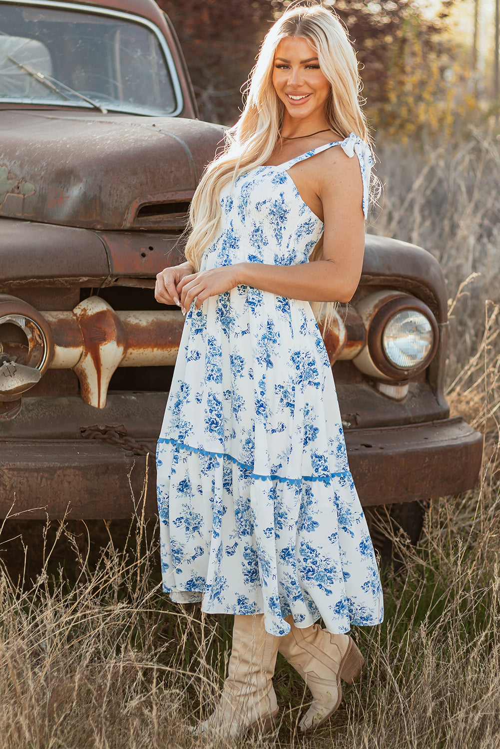 Floral Print Knot Shoulder Sleeveless Long Dress