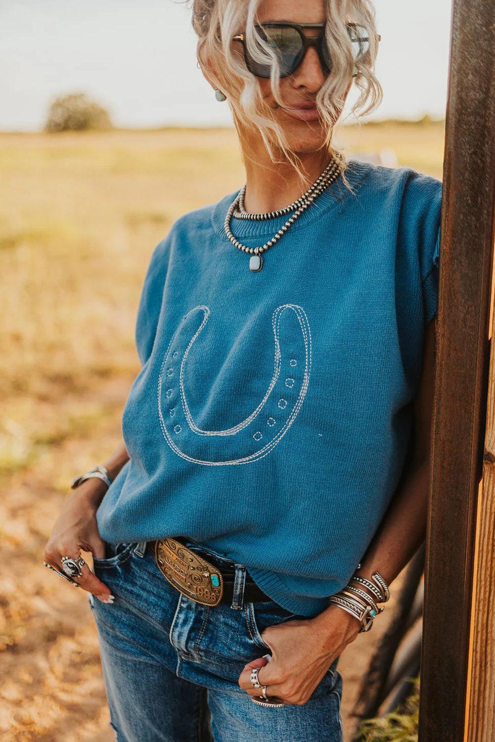 Horse Shoe Embroidered Short Sleeve Sweater
