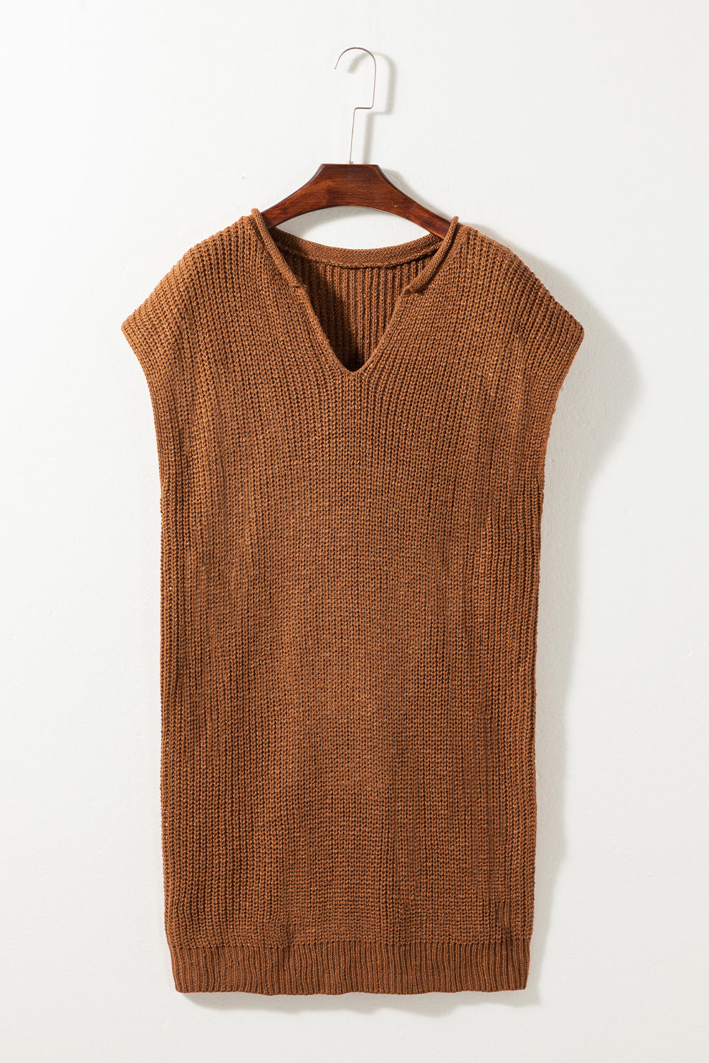Short Sleeve Notched V Neck Sweater Dress