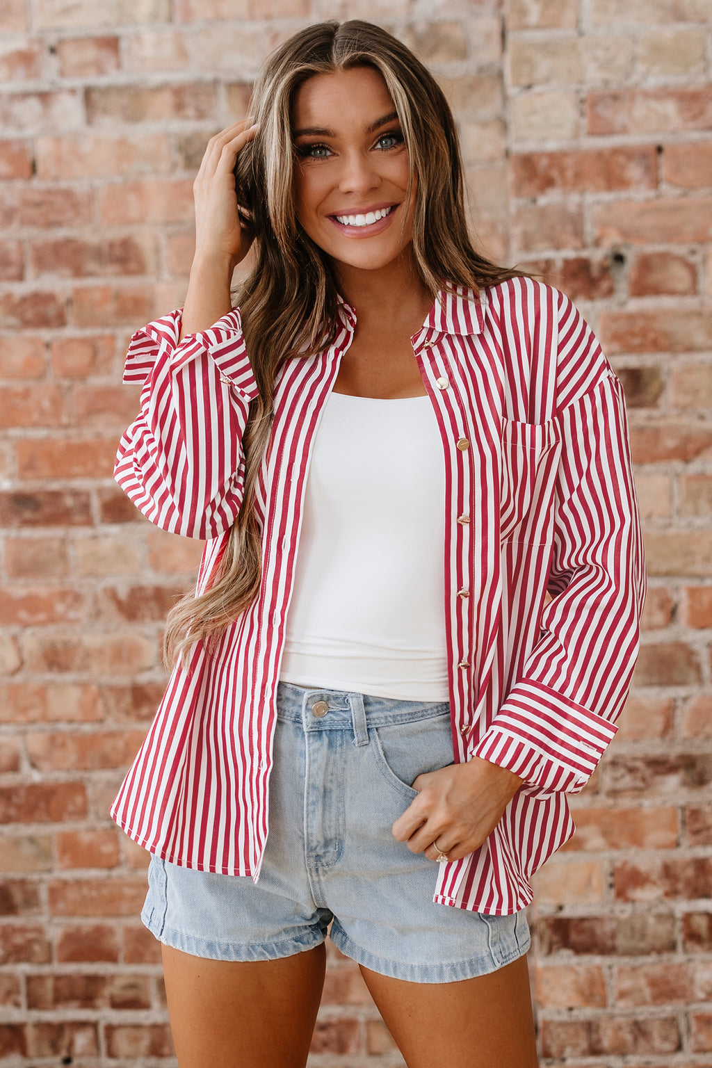 Red Stripe Pocket Side Loose Shirt