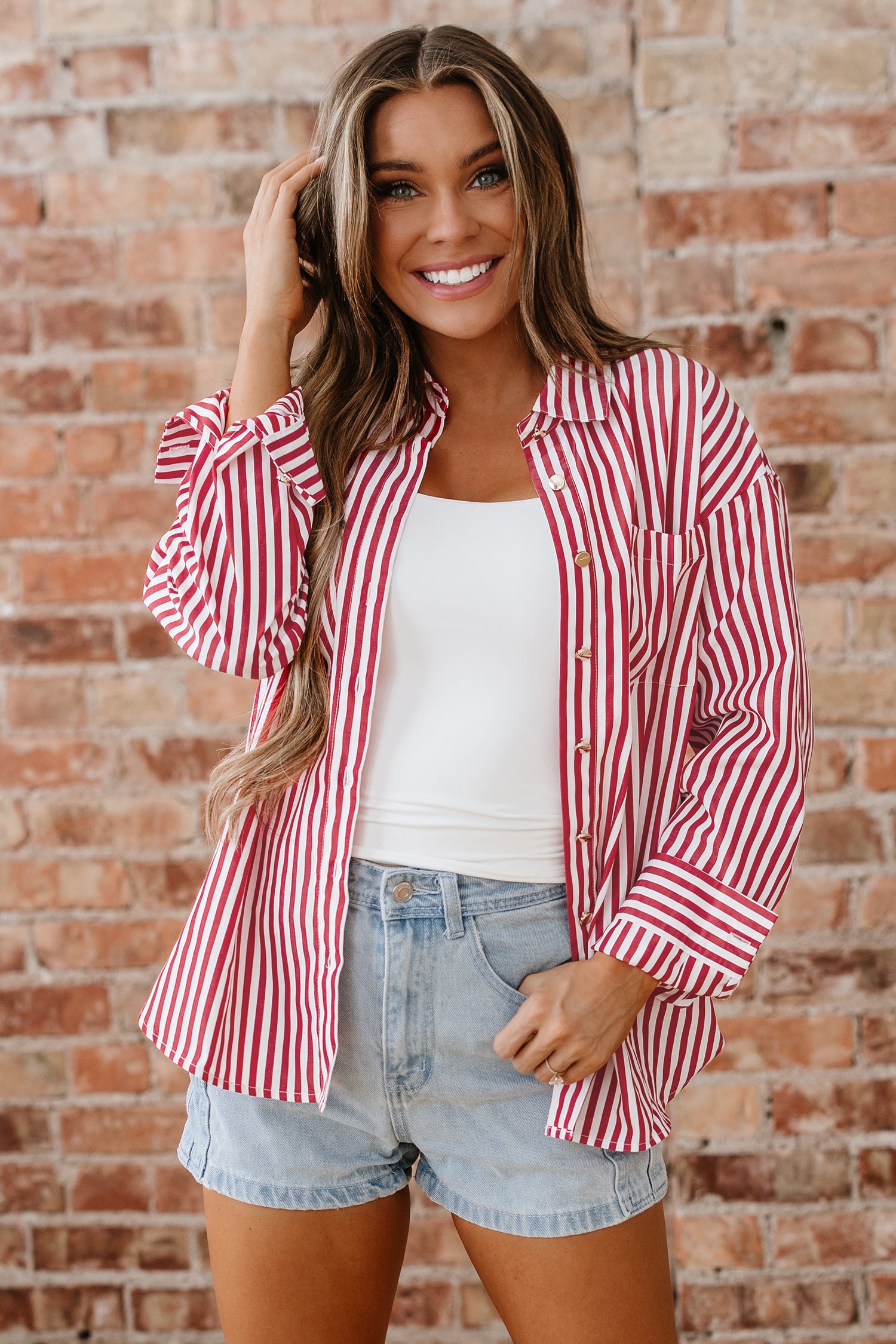 Red Stripe Pocket Side Loose Shirt