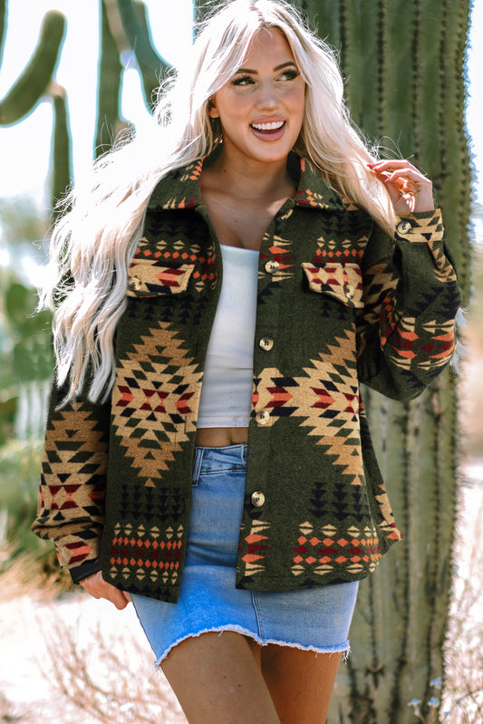 Green Aztec Print Long Sleeve Shacket