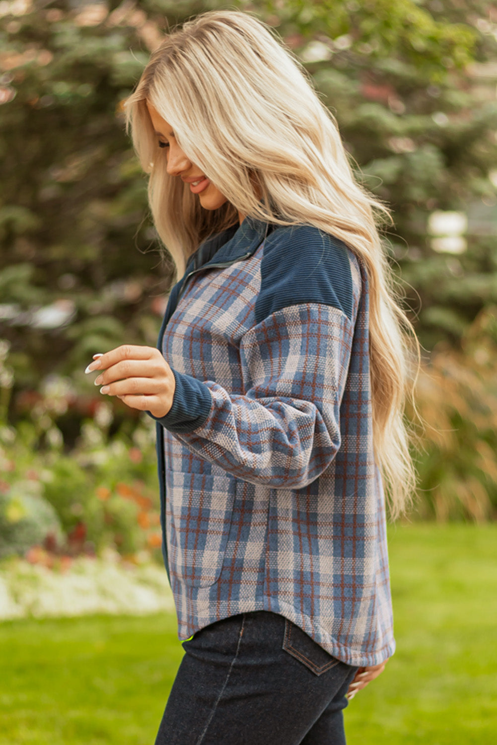 Patchwork Collared Zip Up Snap Button Jacket