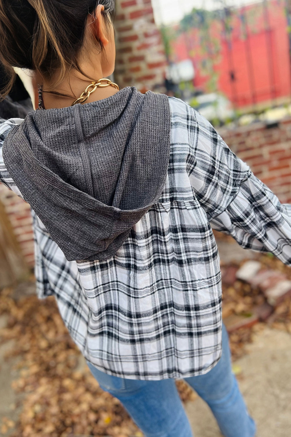 Brown Plaid Long Sleeve Hooded Sweater