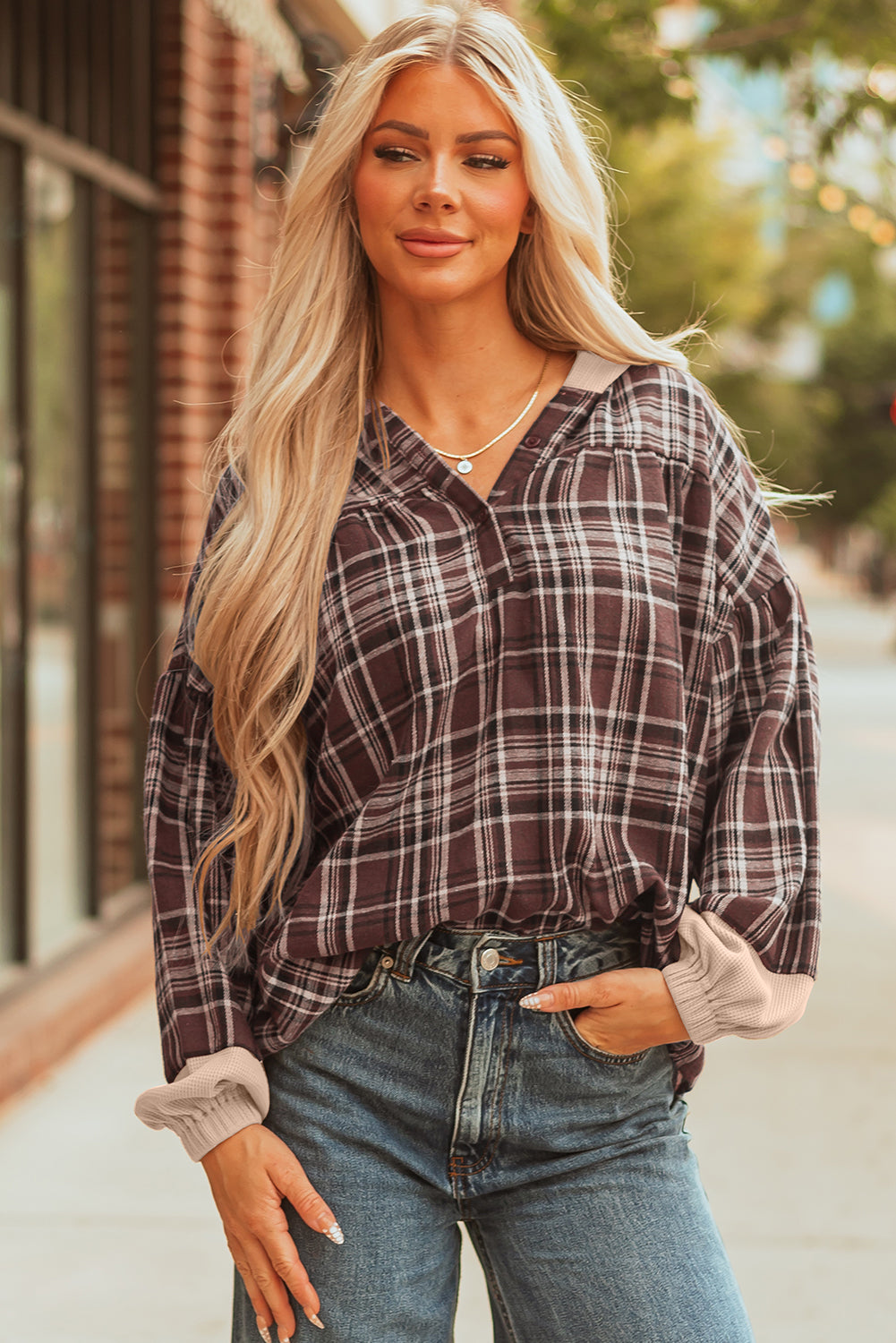 Brown Plaid Long Sleeve Hooded Sweater