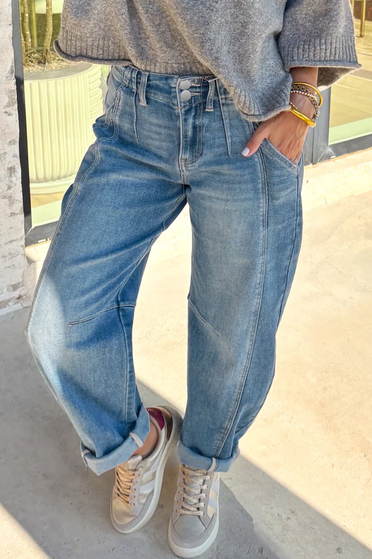 Medium Wash Cuffed Barrel Jeans