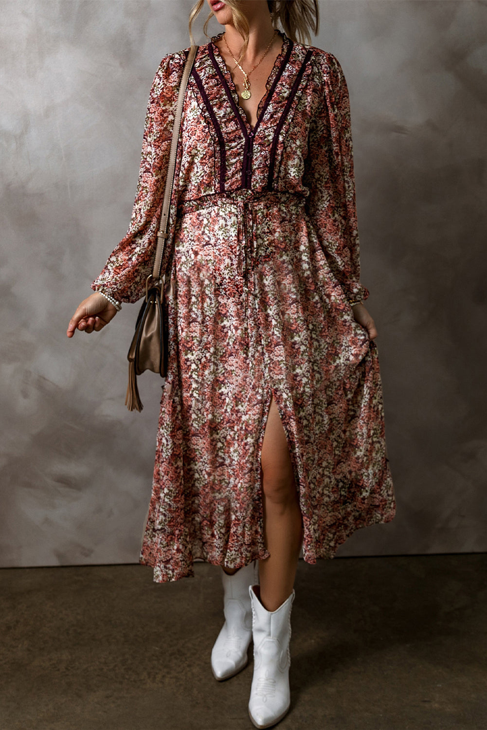 Floral Print Frilled V Neck Midi Dress