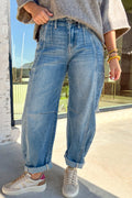 Medium Wash Cuffed Barrel Jeans