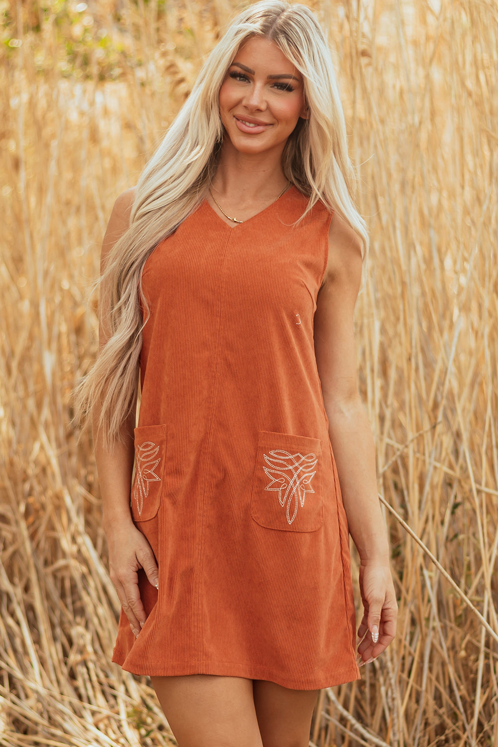 Corduroy Western Embroidered Sleeveless Mini Dress