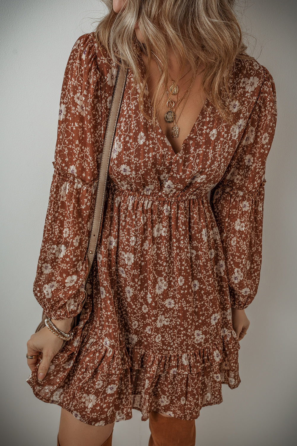 Boho Floral Ruffled V Neck Mini Dress