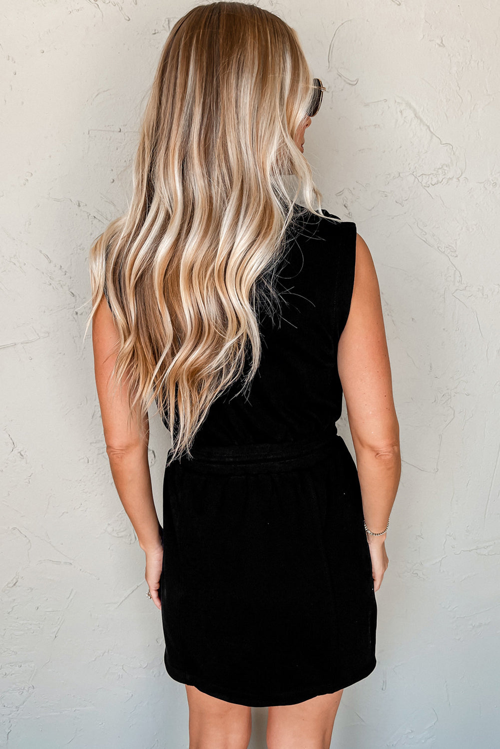 Zipped Collar Sleeveless Drawstring Waist Mini Dress